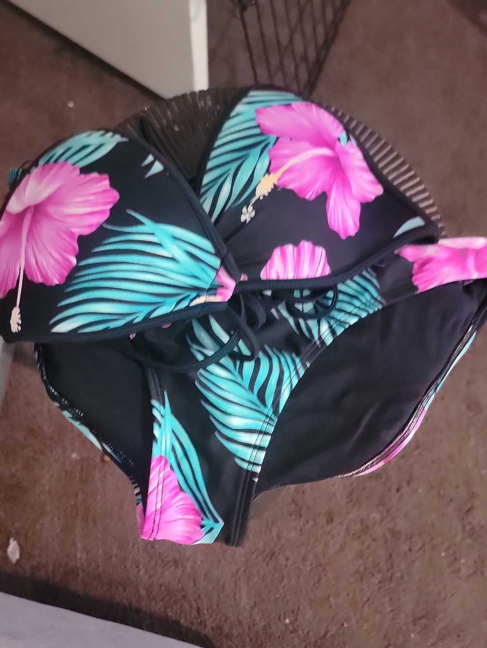 Body Glove Black Bikini with Pink Hibiscus and Teal Leaves